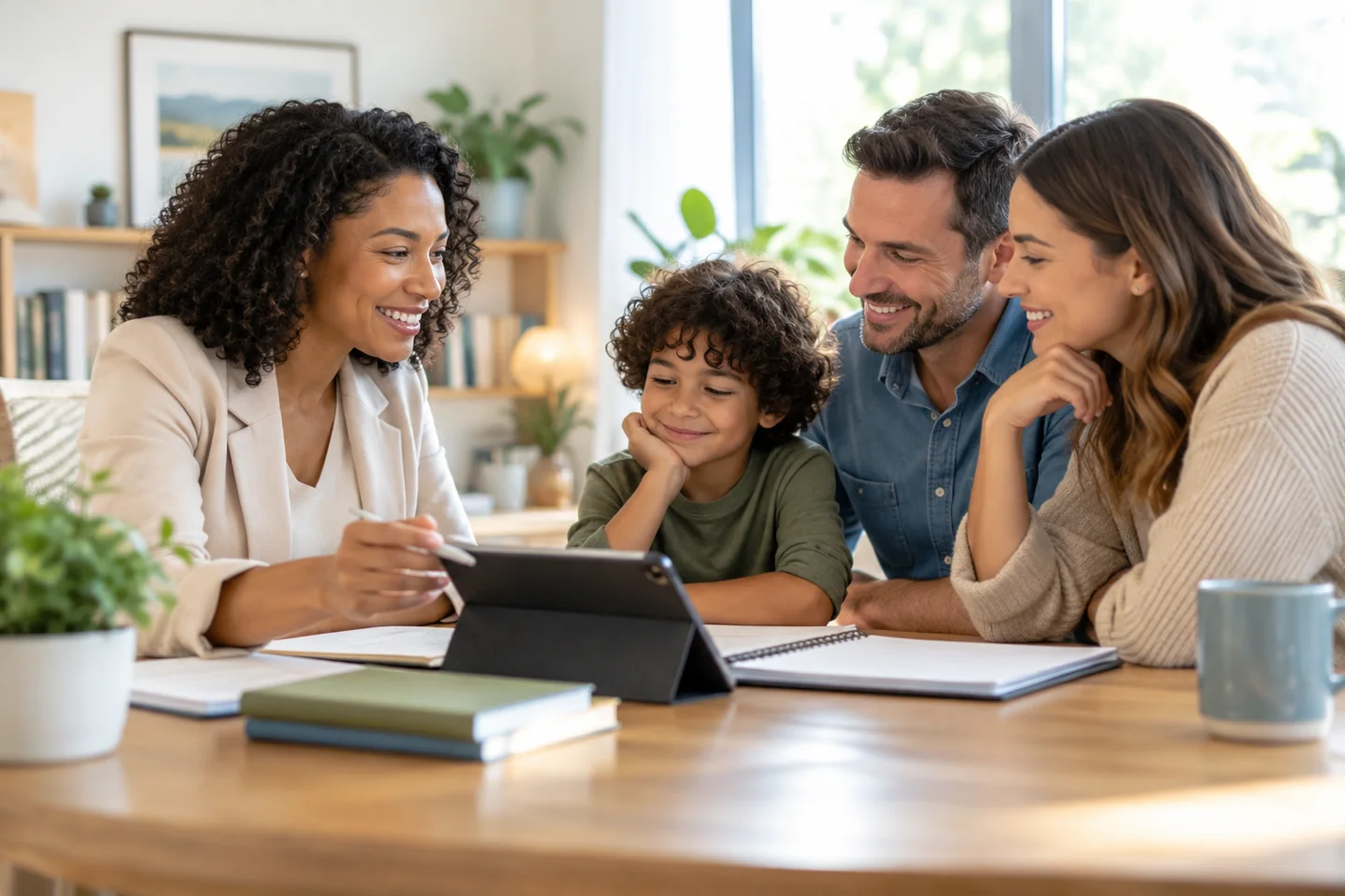 KI-Visualisierung einer Familie im unterstützenden Gespräch mit einer Fachperson