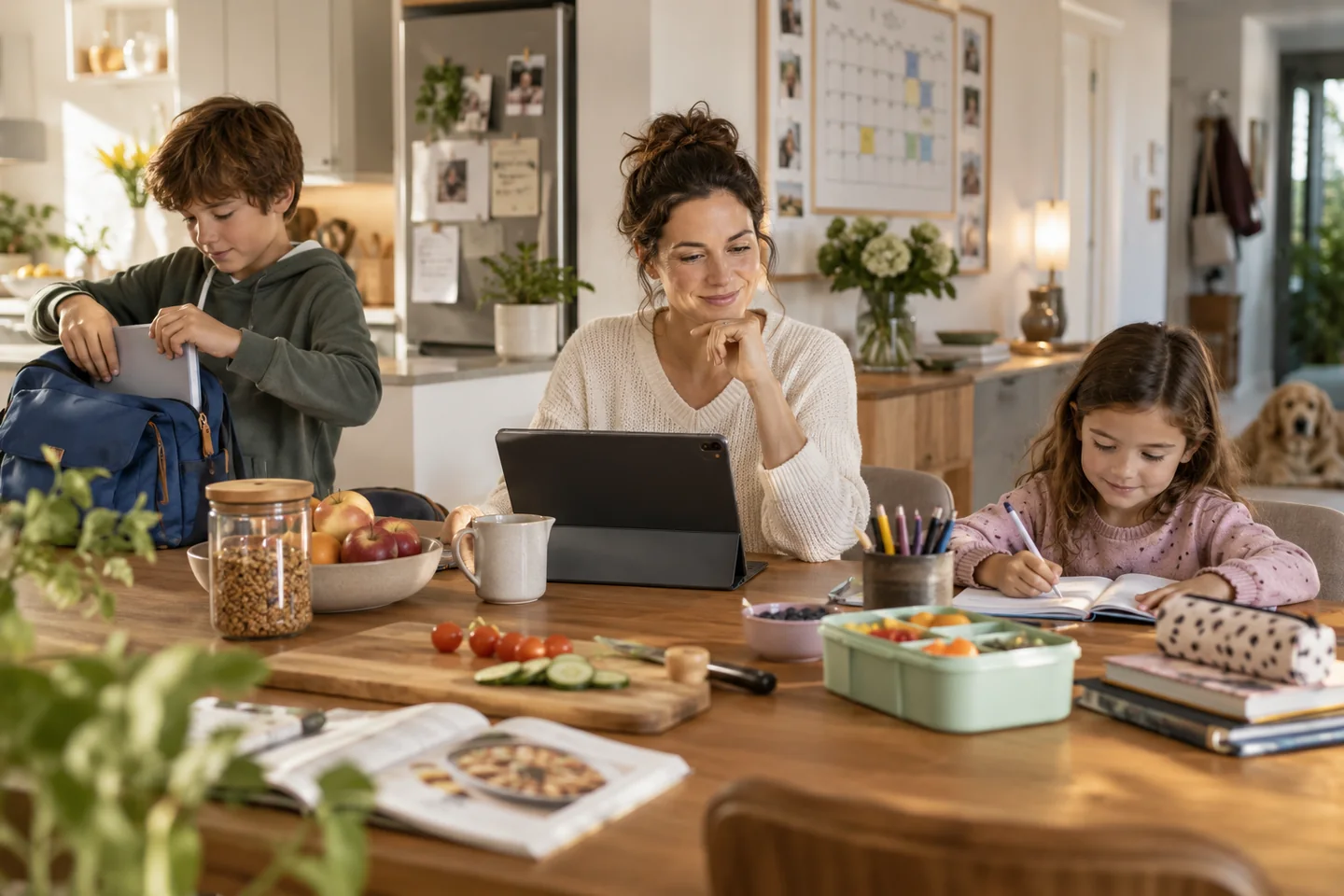 KI-Visualisierung eines ruhigen Familienmorgens mit digitaler Planung