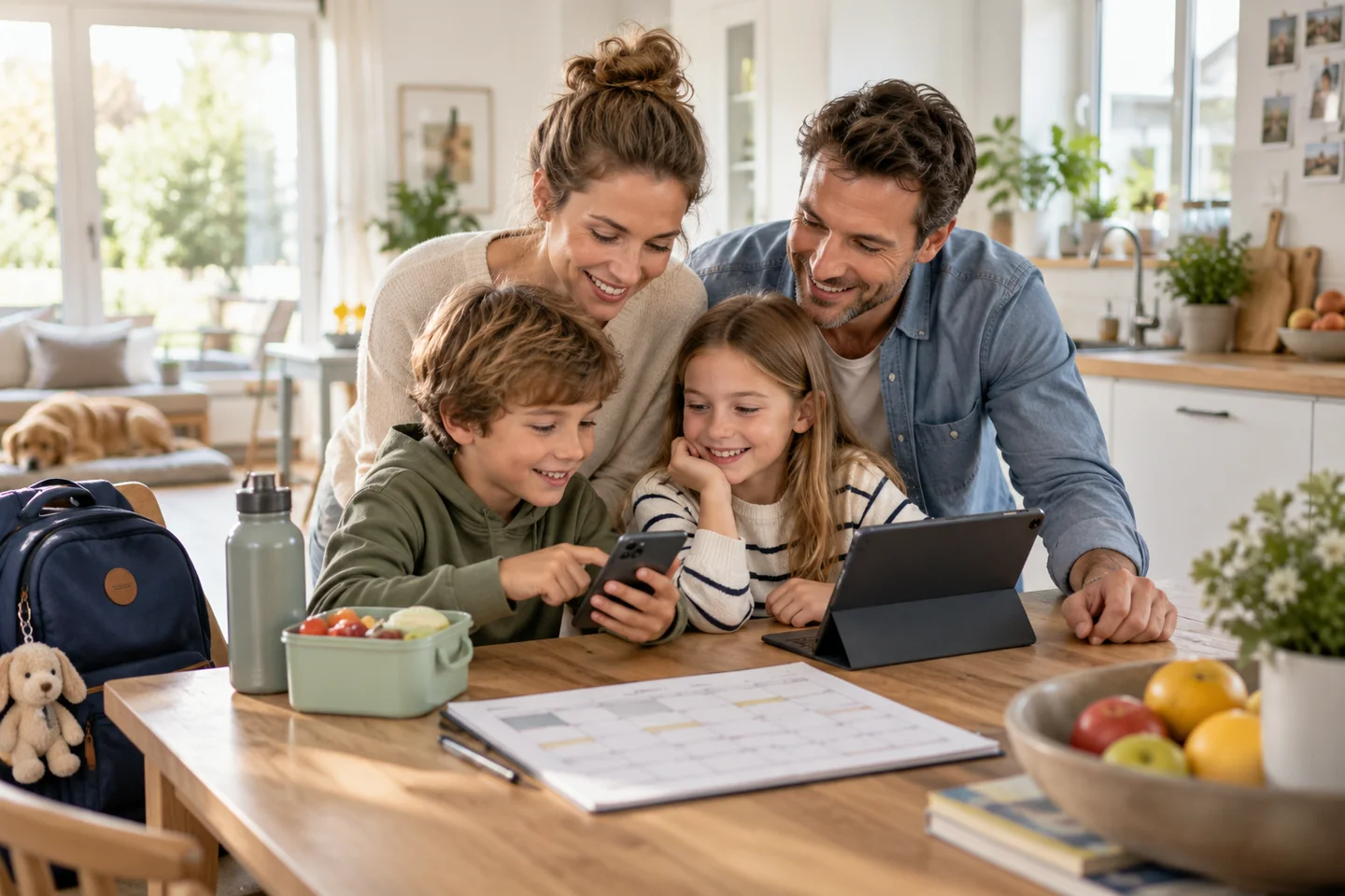 KI-Visualisierung einer Familie, die den Familienalltag gemeinsam digital plant
