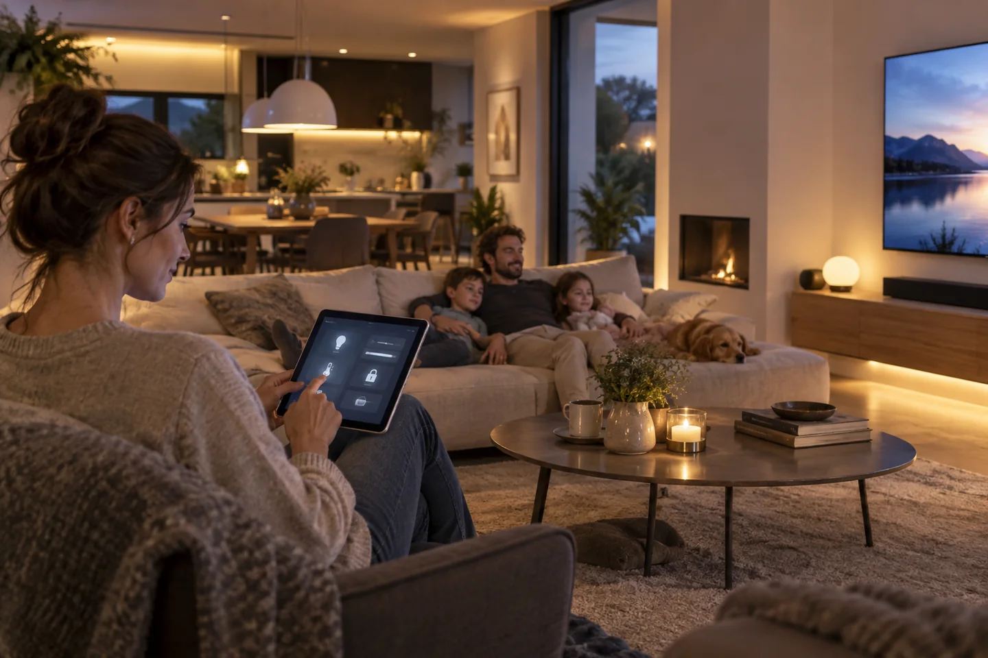KI-Visualisierung eines modernen Wohnraums mit smarter Familiensteuerung